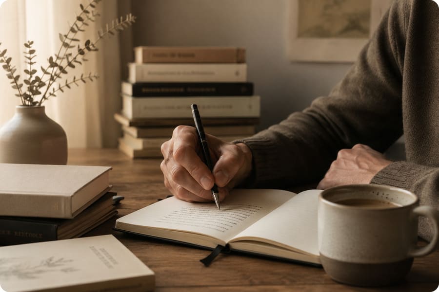 Las historias que me buscan: Escena tranquila de escritura y café
